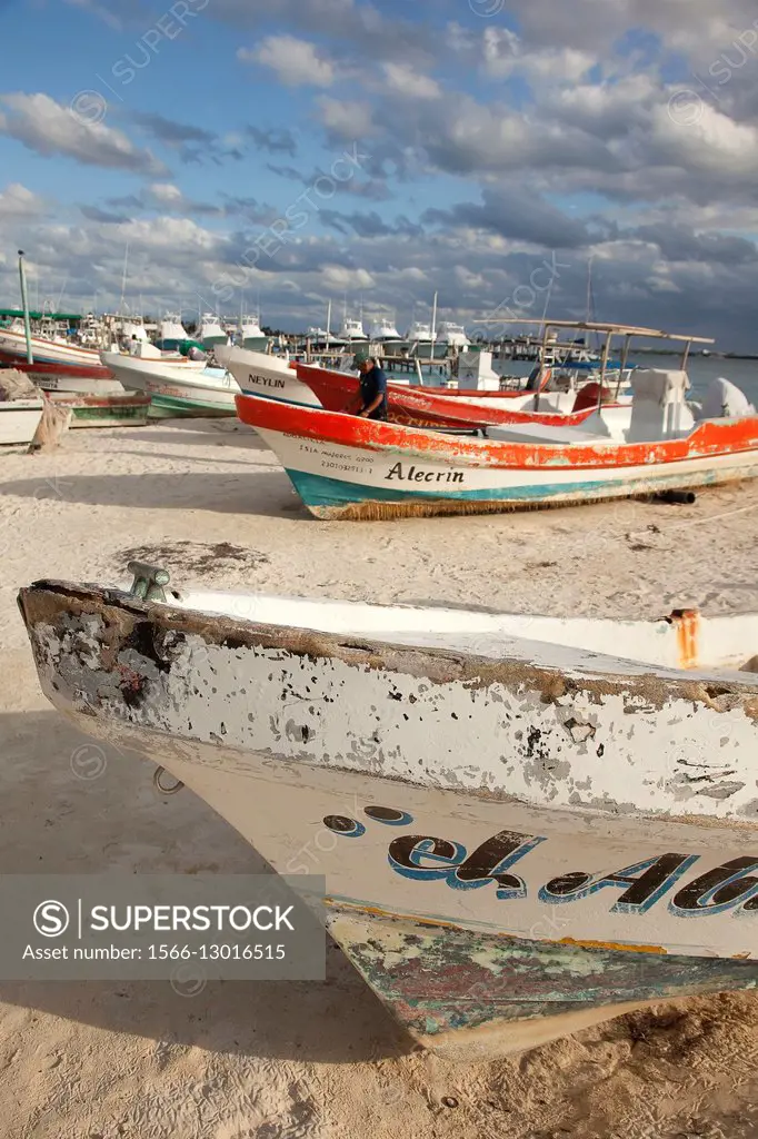 Fishing boats at the beach, Isla Mujeres, Cancun, Quintana Roo, Yucatan Province, Mexico, North America.