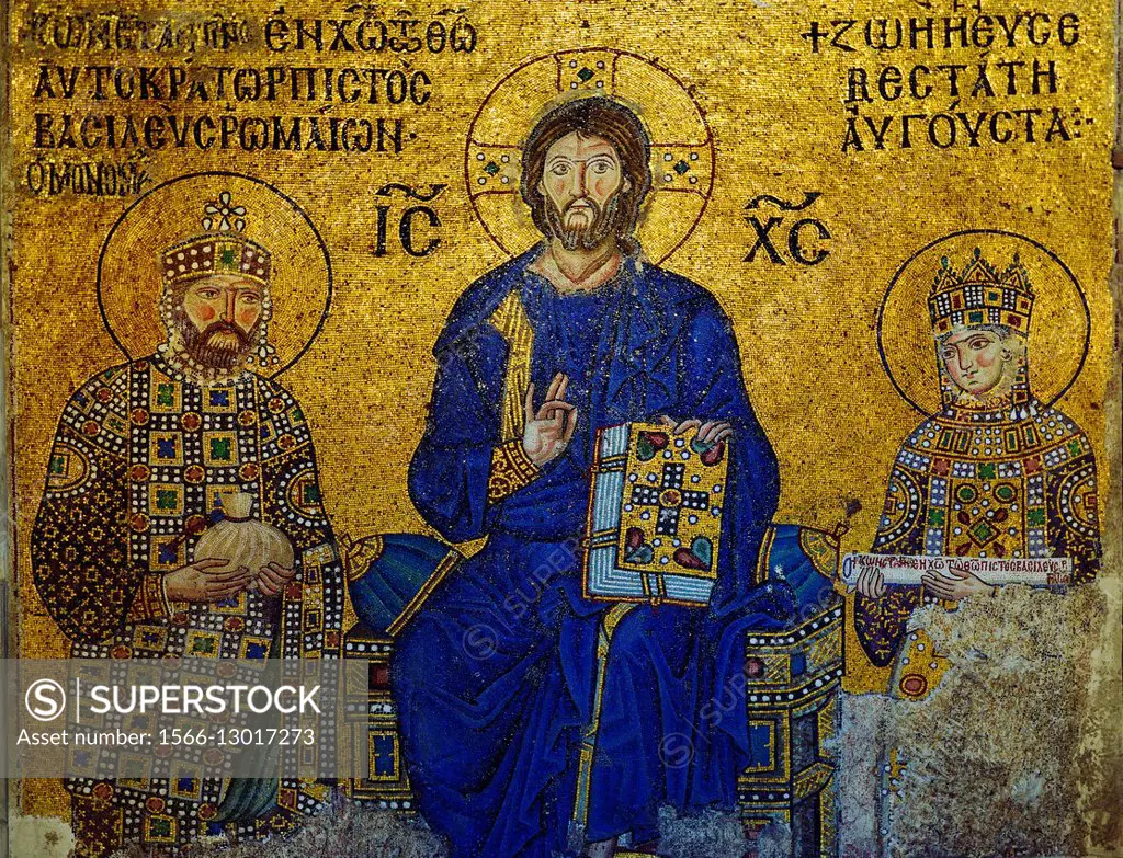 Hagia Sophia, Istanbul, Turkey. The Empress Zoe mosaic dates from 11C. Christ with Constantine IX Monomachus and Empress Zoe.