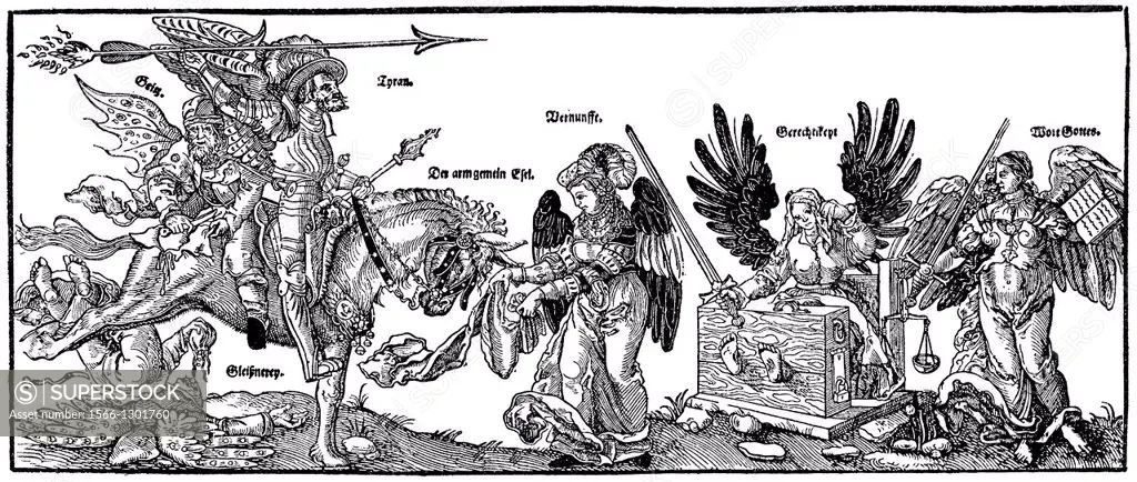 Symbolic leaflet about quality of life in the 17th Century in Germany, Europe