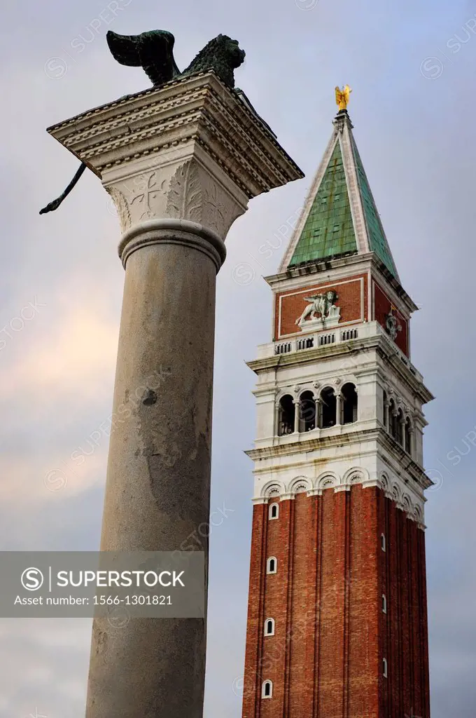 View of the St. Mark's winged lion and the Campanile at St. Mark's Square, Venice, Italy.