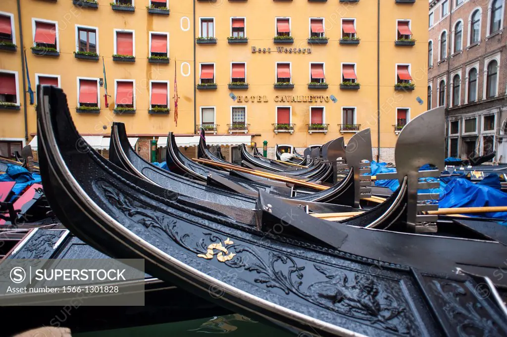 Gondolas moored at the Orseolo Basin, Venice, Italy.