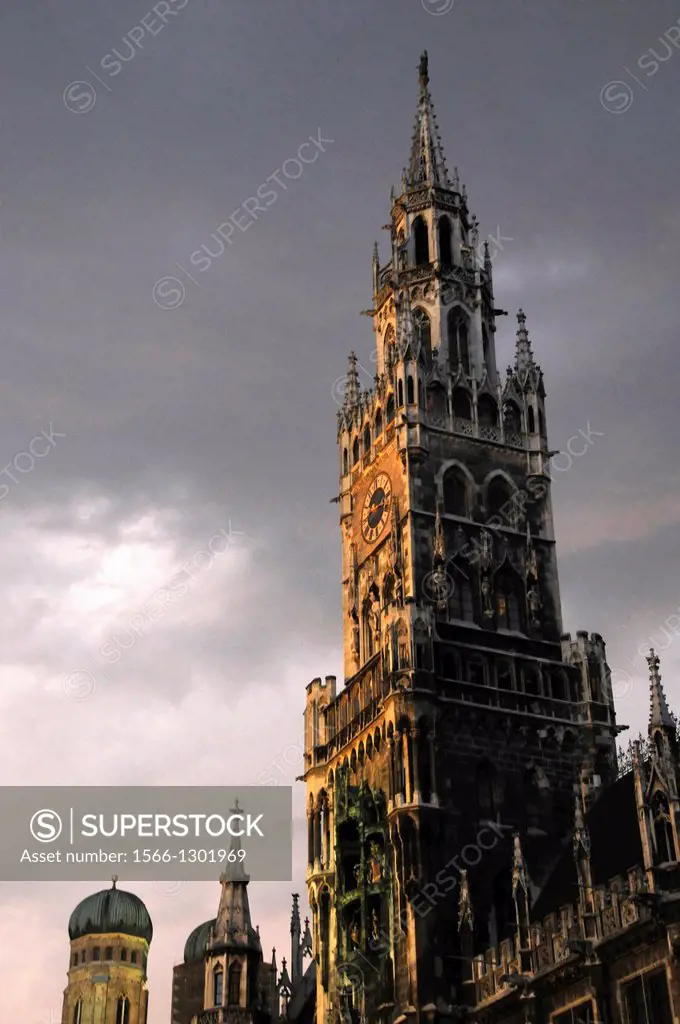 Town Hall and Frauenkirche Munich in a rain-light mood at dusk