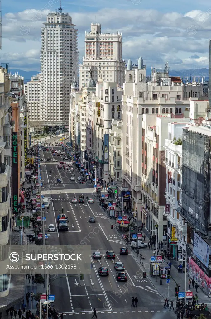 Gran Vía street, view from above. Madrid, Spain.