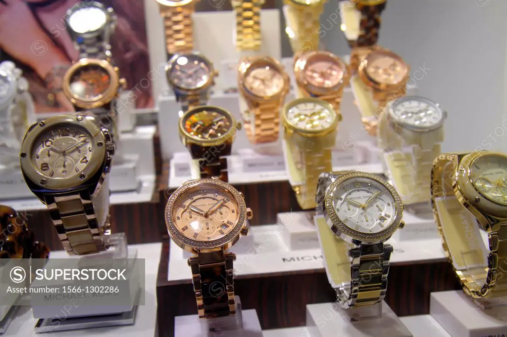 Florida, Miami Beach, Lincoln Road, pedestrian mall, shopping, window, retail display, for sale, watches, Michael Kors, jeweled, jewelry,.