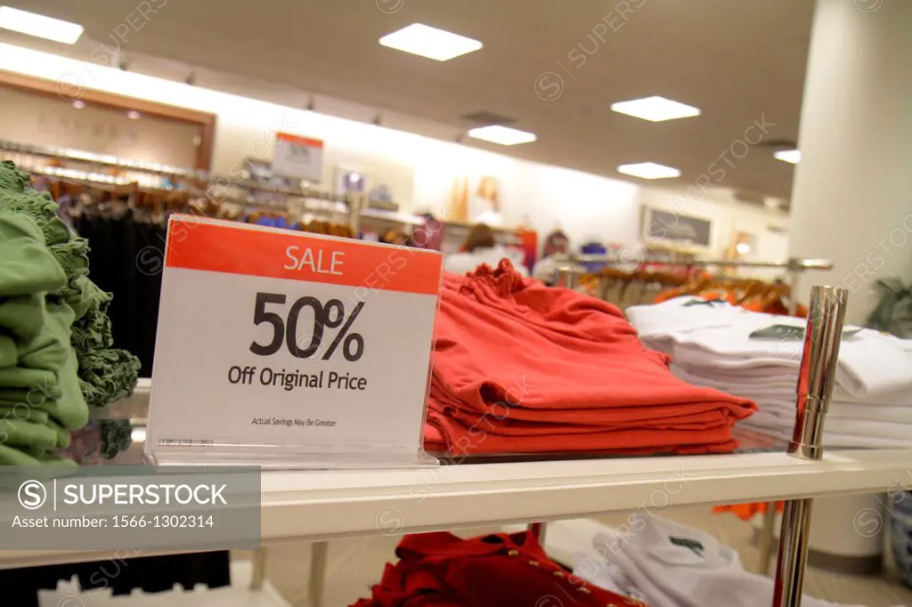 Florida, Miami, Dadeland Mall, shopping, for sale, Macy's, department store, interior, women's, clothing, fashion, retail display, racks, sign, 50% of...