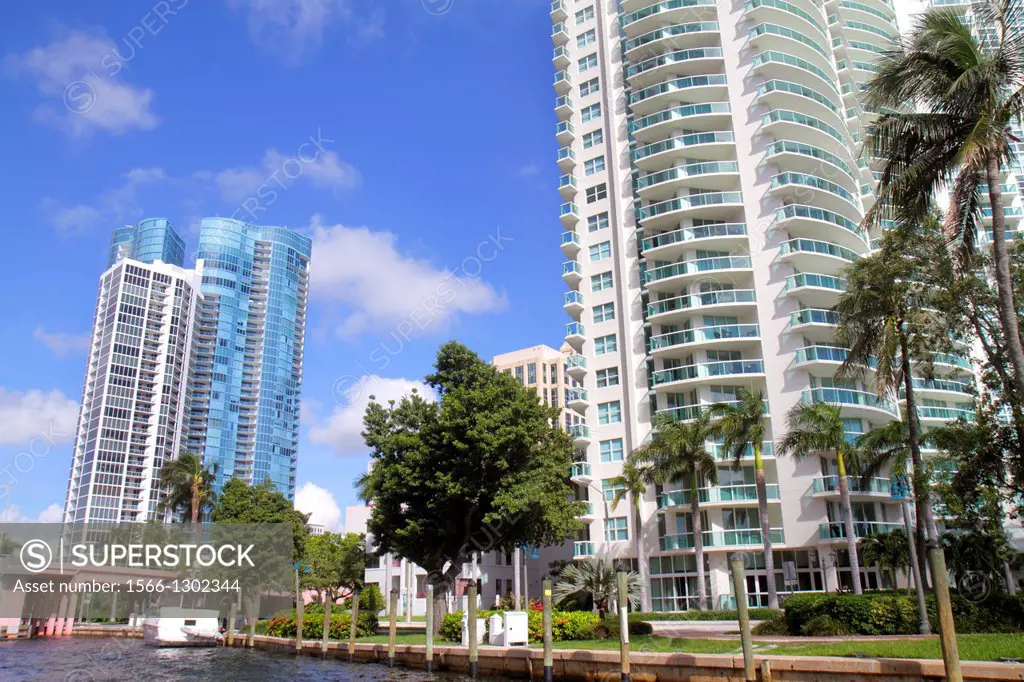 Florida, Ft. Fort Lauderdale, New River, city skyline, condominium, high-rise, buildings, balconies, Landmark Tower,.