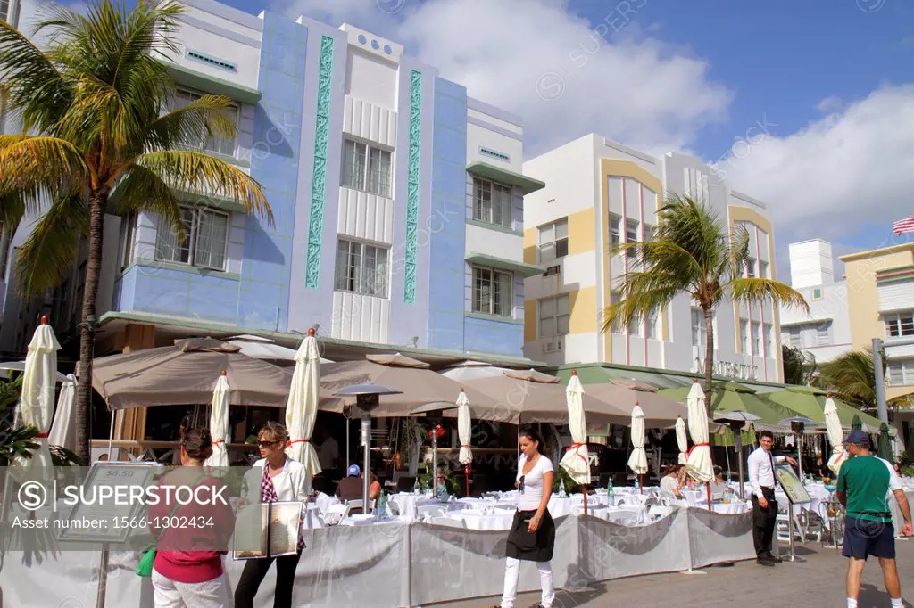 Florida, Miami Beach, Art Deco District, Ocean Drive, hotels, restaurant, alfresco dining, front, entrance,.