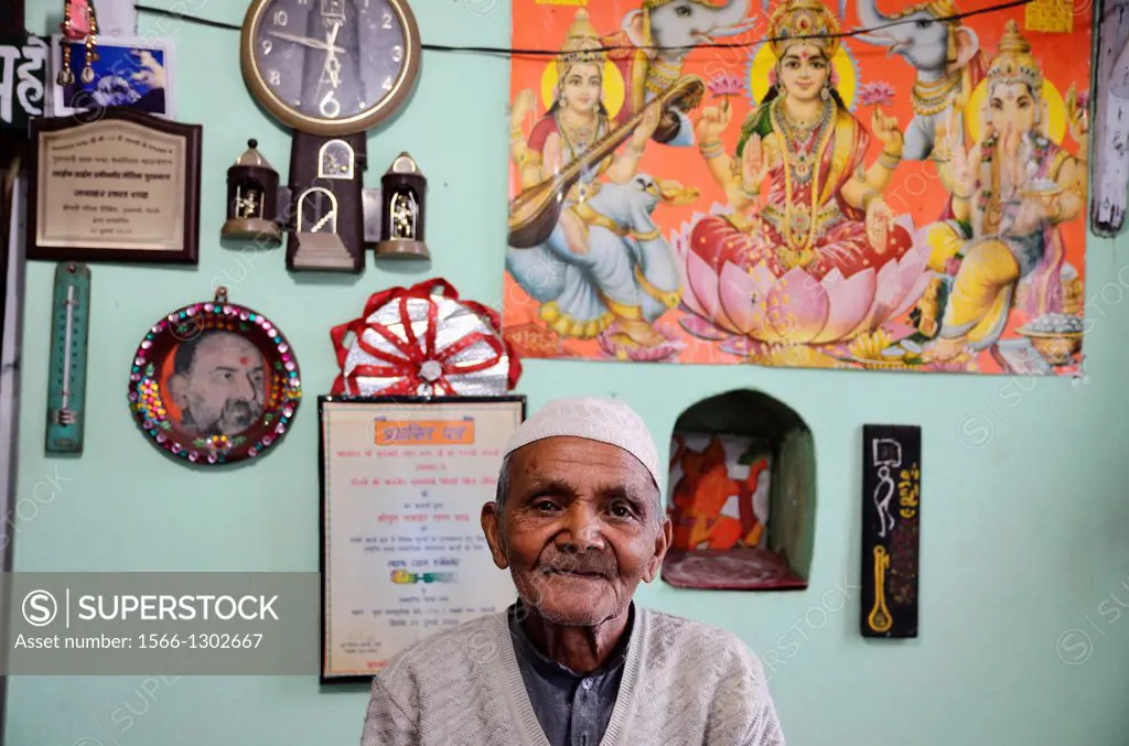 Portrait of elderly Mr. Shah (96 years old), owner of the Kailas Hotel in Almora, India.