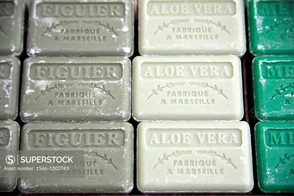 Bars of Soap, Made in Marseille, France, Offered for Sale on a Street Vendor´s Table.
