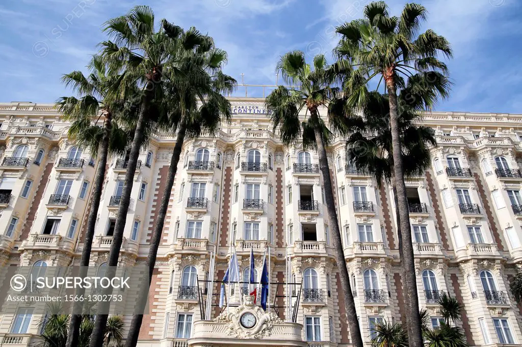 Looking up at the Historic Carlton Interconental Hotel, La Croisette, Cannes, French Riviera, Cote d'Azur, France.