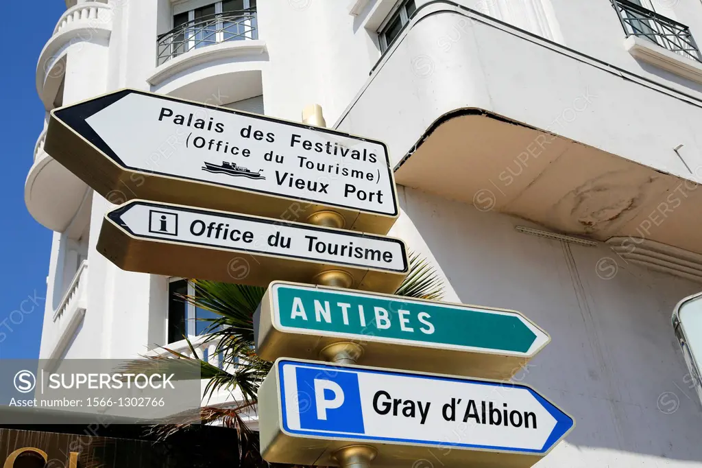 Directional Street Signs Along La Croisette, Cannes, Cote d´Azur, France.