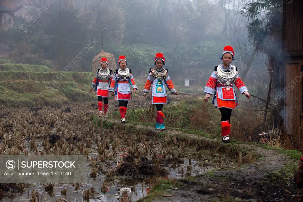 China , Guizhou province , Matang village , Gejia people in traditional dress , festival.