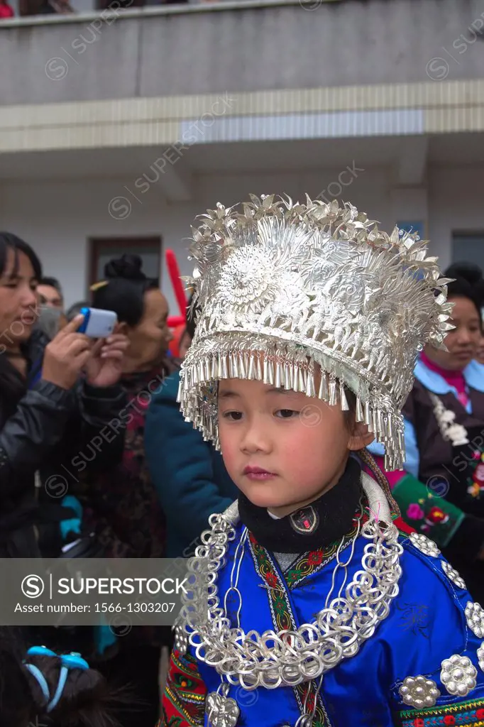 China , Guizhou province , Yatang town , Green Miao Lusheng festval , children , girl.