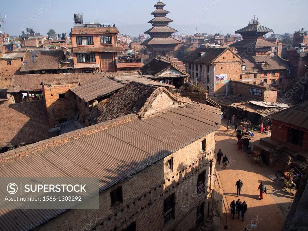 Rooftops and the terrace of an apartment building in Bhaktapur, Nepal.