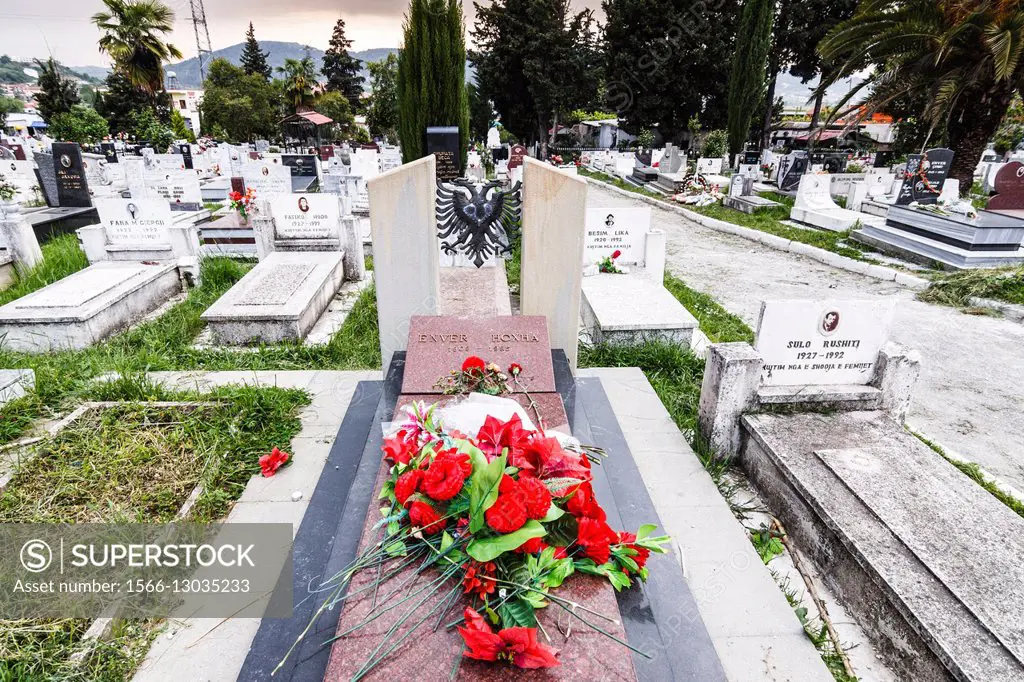 Tomb of Enver Hoxha ( 1941 1985 ) former communist dictator of Albania at Sharra Cemetery where his body was moved without grandeur in 1992 . Tirana ,...