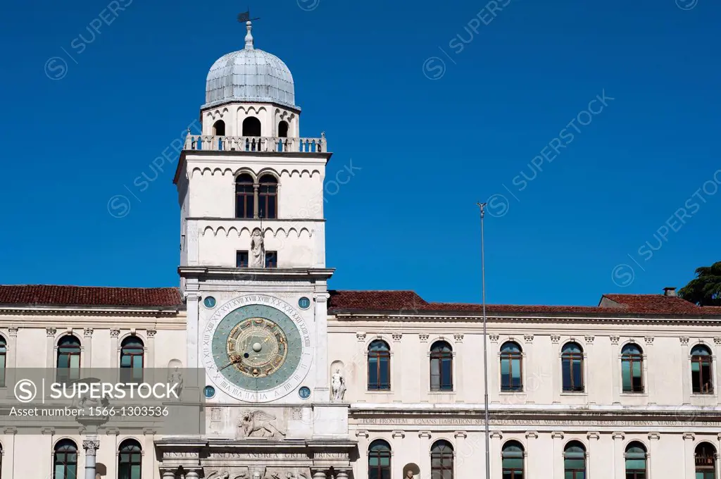 Italy, Veneto, Padua, Piazza dei Signori Square, Column of the Winged Lion background Astronomical Clock.