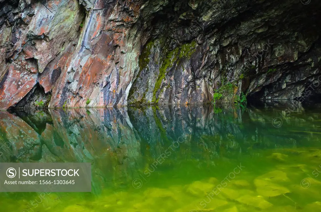 A pool at the mouth of an abandoned quarry cave on Loughrigg Fell in the Lake District, Cumbria, England.