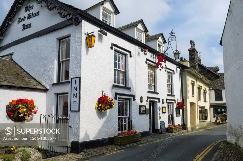 The Red Lion Inn in Hawkshead village in the Lake District, Cumbria, England.