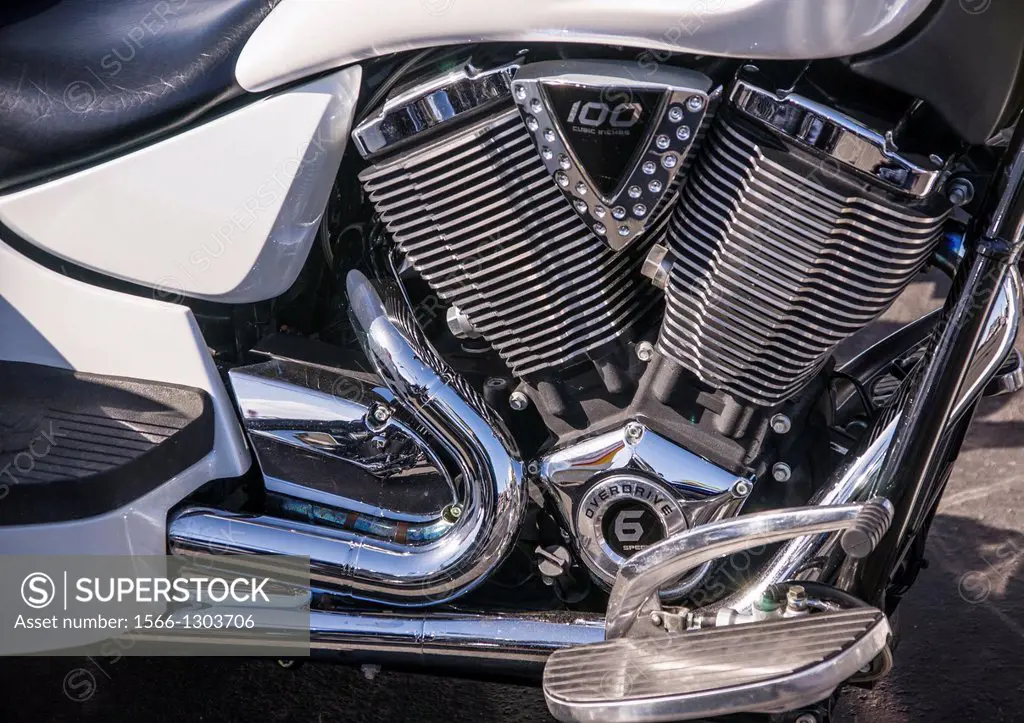 Laughlin, USA - April 26, 2013: Close up of a motorcycle motor as thousands of motorcyclists arrive to celebrate the 32nd annual River Run festival in...