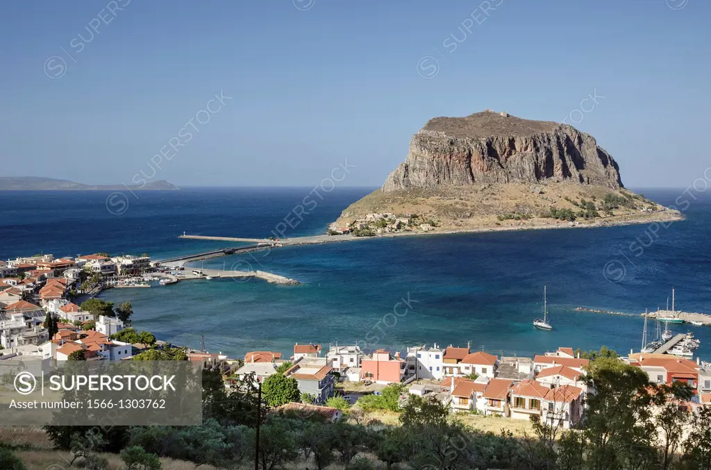 The old rock of Monemvasia and the village and harbour of Yefira, Lakonia, Southern Peloponnese, Greece.