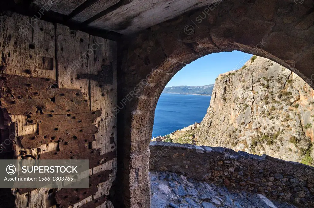 The tunnel entrance to the citadel above the old Byzantine town of Monemvasia, in Lakonia, Southern Peloponnese, Greece.