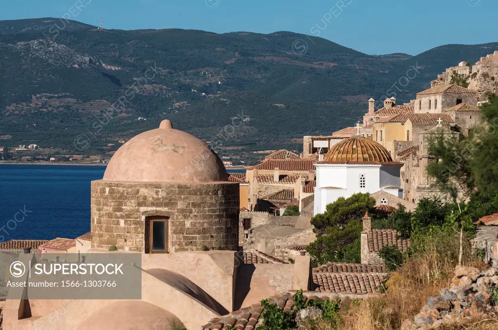 Looking across the old Byzantine town of Monemvasia with Agios Nikolaos church in the foreground, Lakonia, Southern Peloponnese, Greece.