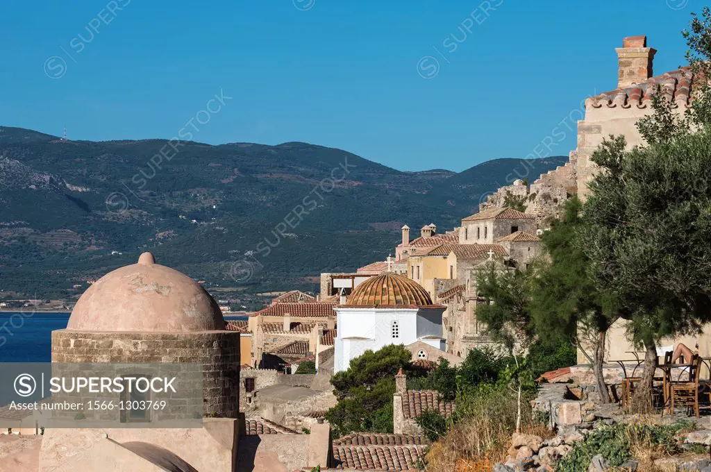 Looking across the old Byzantine town of Monemvasia, Lakonia, Southern Peloponnese, Greece.