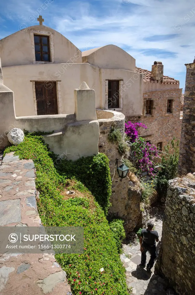 Typical architecture in the old Byzantine town of Monemvasia, Lakonia, Southern Peloponnese, Greece.