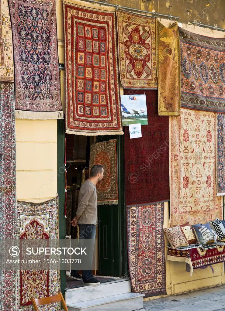 A shop selling oriental rugs and carpets, in the Plaka, central Athens, Greece.