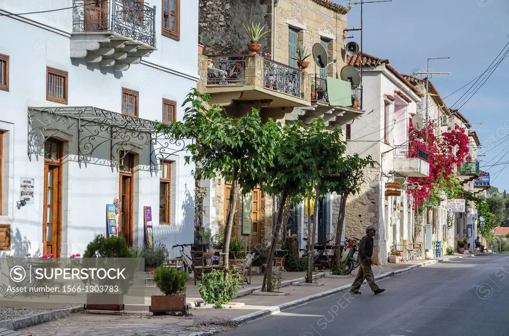 Traditional old houses on the main street of Kardamyli village in the Outer Mani, Messinia, Peloponnese, Greece.