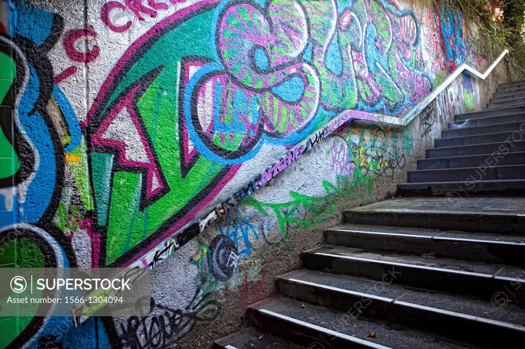 A dark staircase with graffiti, Trier, Rhineland-Palatinate, Germany, Europe.