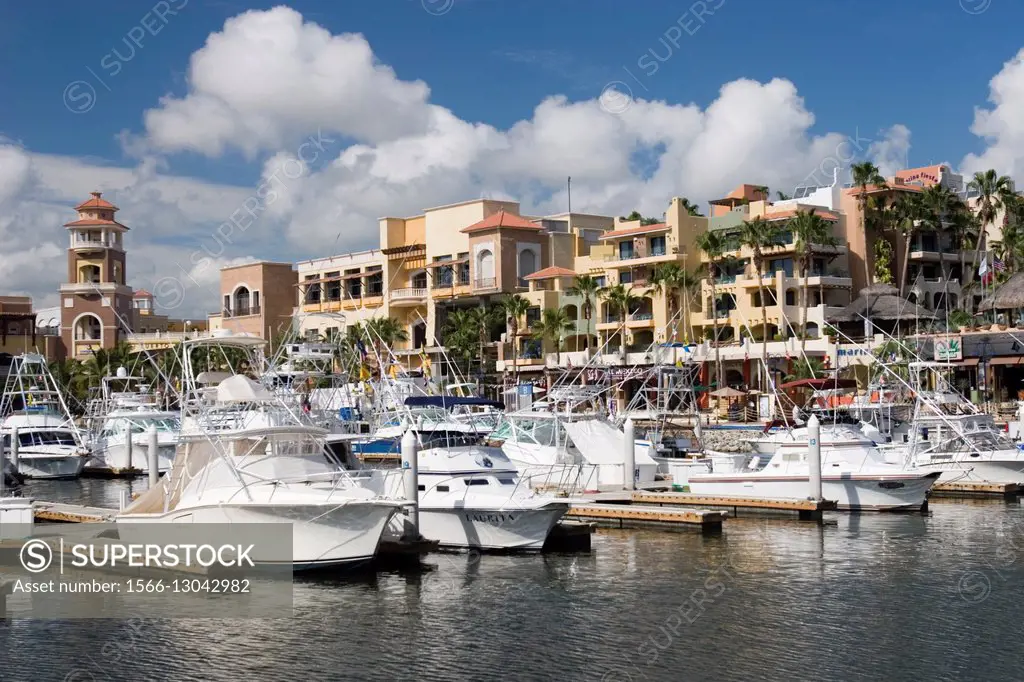 Game fishing boats in Cabo San Lucas Marina beside Puerto Paraiso Mall Baja California Sur Mexico.