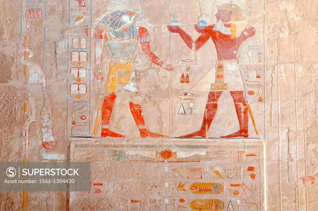 The frescoes on the walls of the temple, Hatshepsut's temple, the focal point of the complex, Luxor (Thebes), Egypt, Africa.