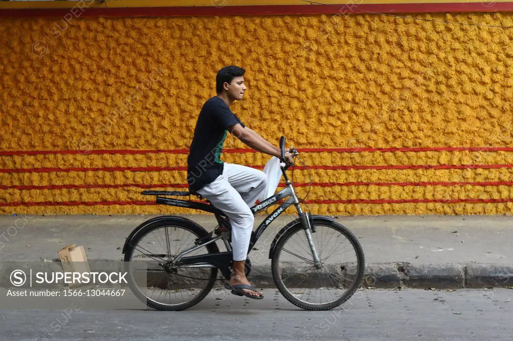 India, 19 February 2016. A man rides his bicycle past colorful wal in Kolkata.