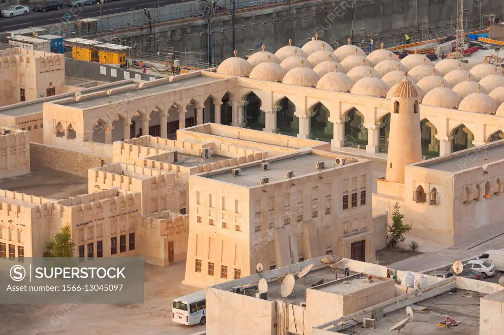 Qatar, Doha, elevated view of the Souq Mosque, dawn.