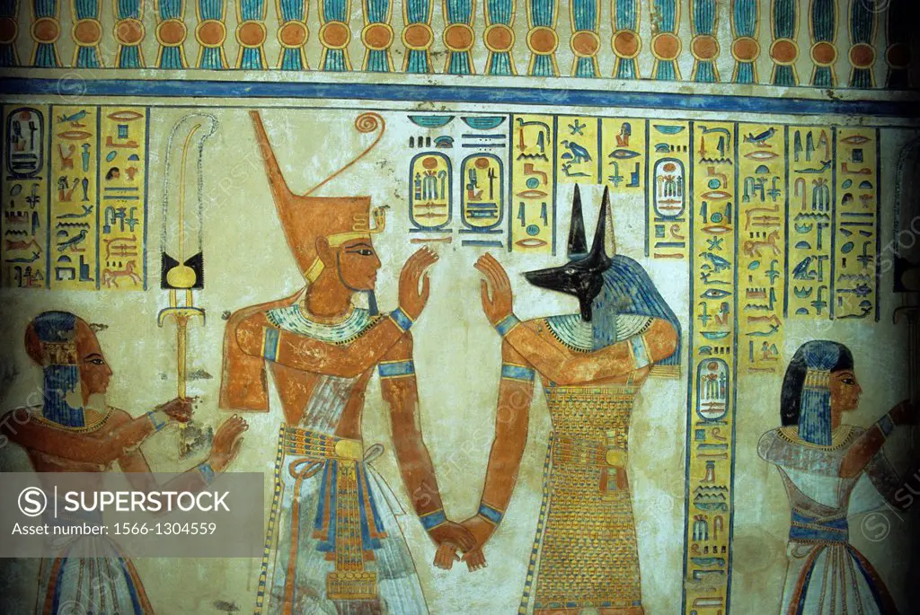 EGYPT, NEAR LUXOR, VALLEY OF THE QUEENS, INTERIOR WALL FRESCOES OF QUEEN AMONHERKHEPSEF'S TOMB.