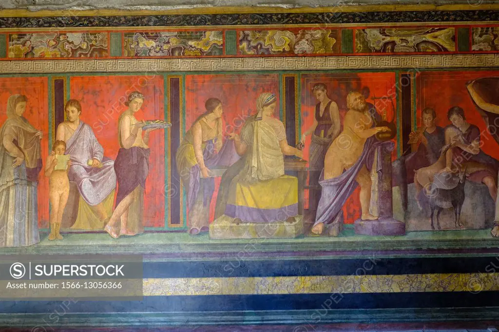 Roman frescoes at Villa of the Mysteries, Pompeii the ancient Roman town near Naples, Campania, Italy, Europe