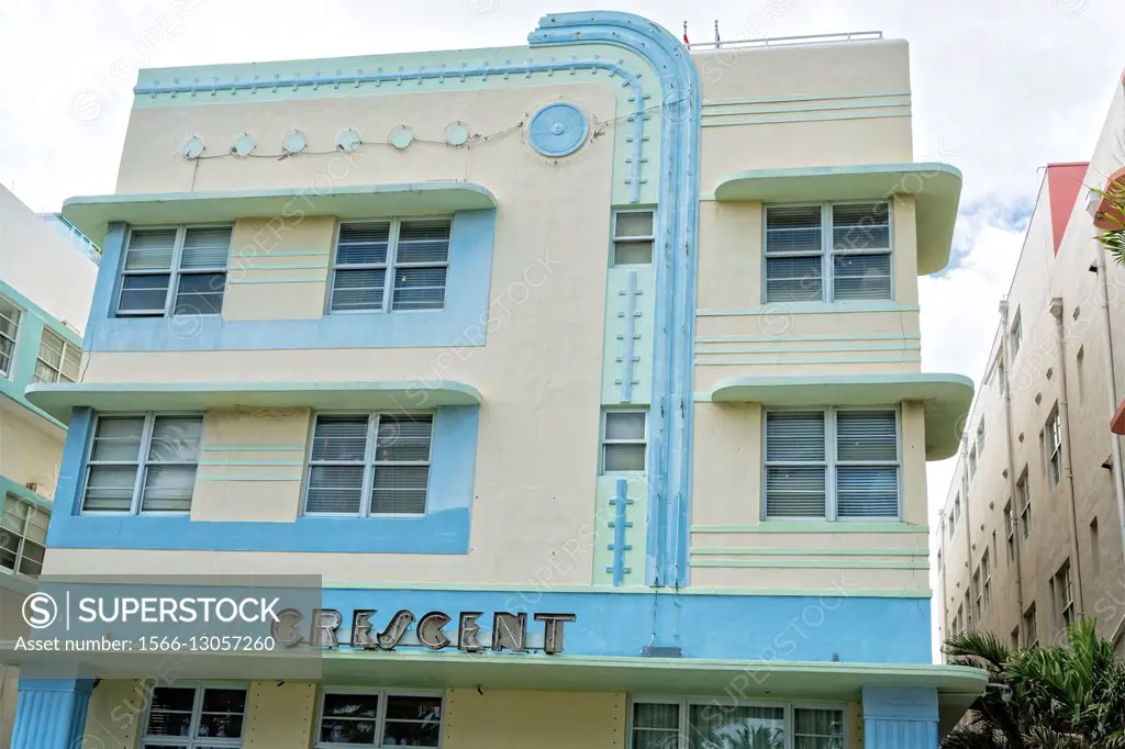 Close-up and Partial View of the Crescent Hotel, Art Deco District, South Ocean Drive, South Beach, Miami Beach,.