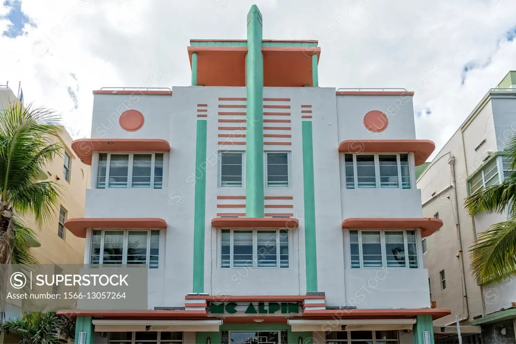 Close-up and Partial View of the Mc Alpin Hotel, Art Deco District, South Ocean Drive, South Beach, Miami Beach,.
