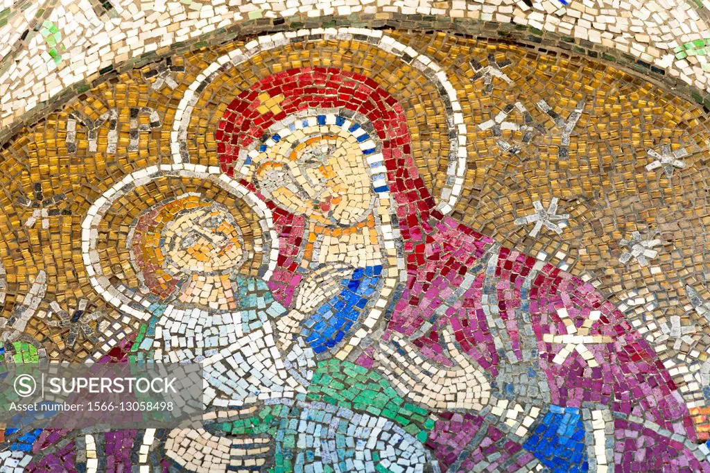 Mosaic of Virgin Mary and Christ on exterior of Saint Peter and Saint Paul the Apostles Cathedral, Constanta, Romania.