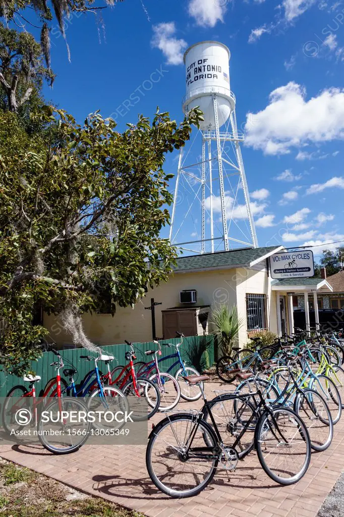 Florida, FL, San Antonio, new bicycles, shop, store, water tower, sale, display,