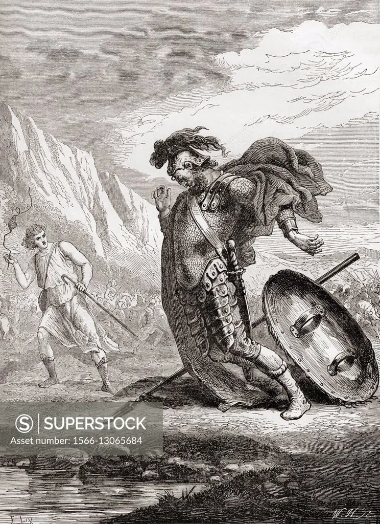 David and Goliath, from The Books of Samuel, Old Testament. From The Children´s Bible, published c. 1883.
