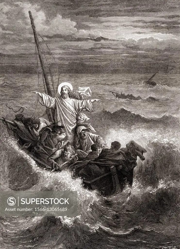 Jesus calming the storm on the Sea of Galilee. From The Gospels, New Testament. From The Children´s Bible, published c. 1883.