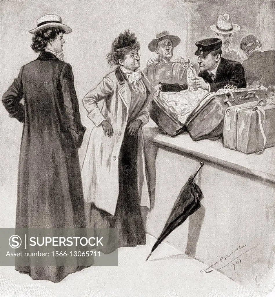 Passengers caught trying to pass illegal goods through the Custom House, London, England in the late 19th century. From Living London, published c. 19...