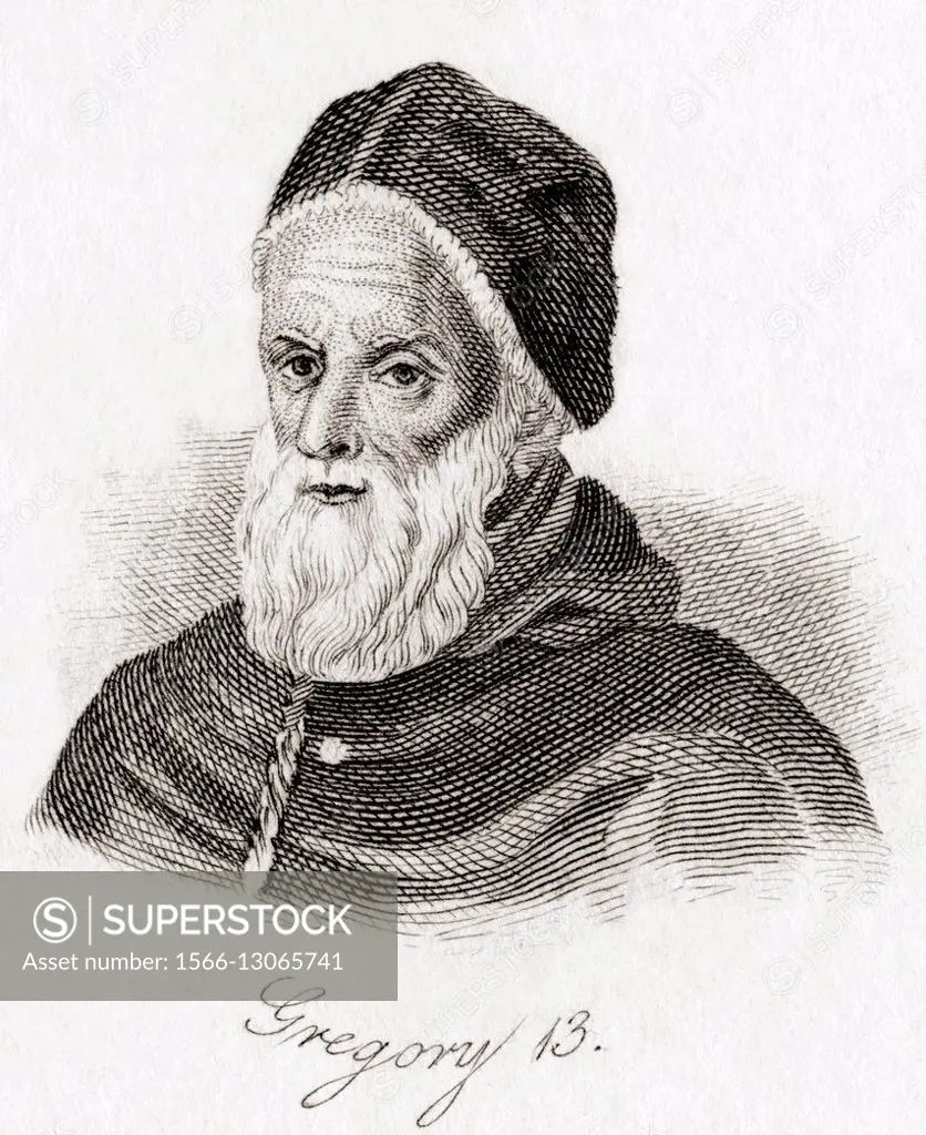 Pope Gregory XIII, 1502-1585, born Ugo Boncompagni. From Crabb´s Historical Dictionary, published 1825.