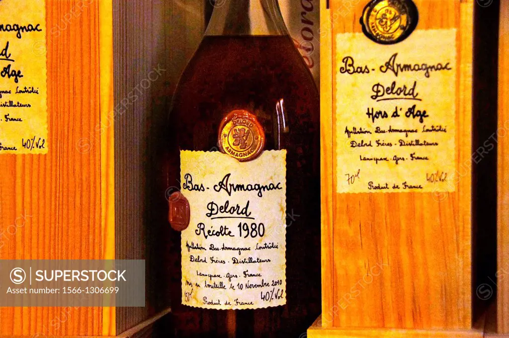Old bottle of Bas Armagnac at the Delord armagnac estate, at Lannepax, Gers, Midi-Pyrenees, France
