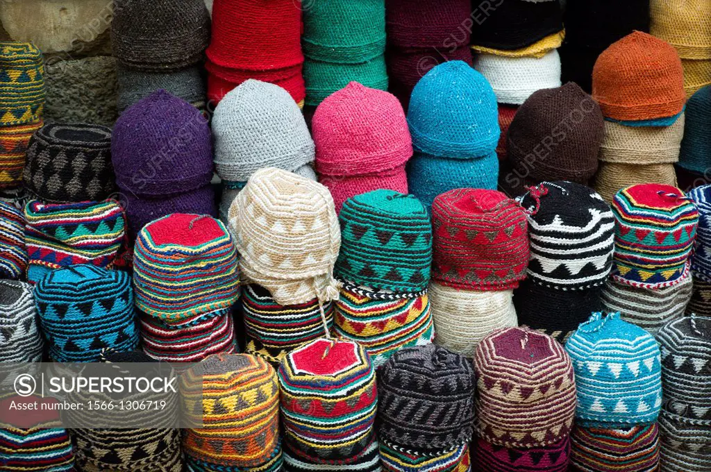 Exposure, of Taqiyah, Typical caps, in a street market of Essaouira, morocco africa