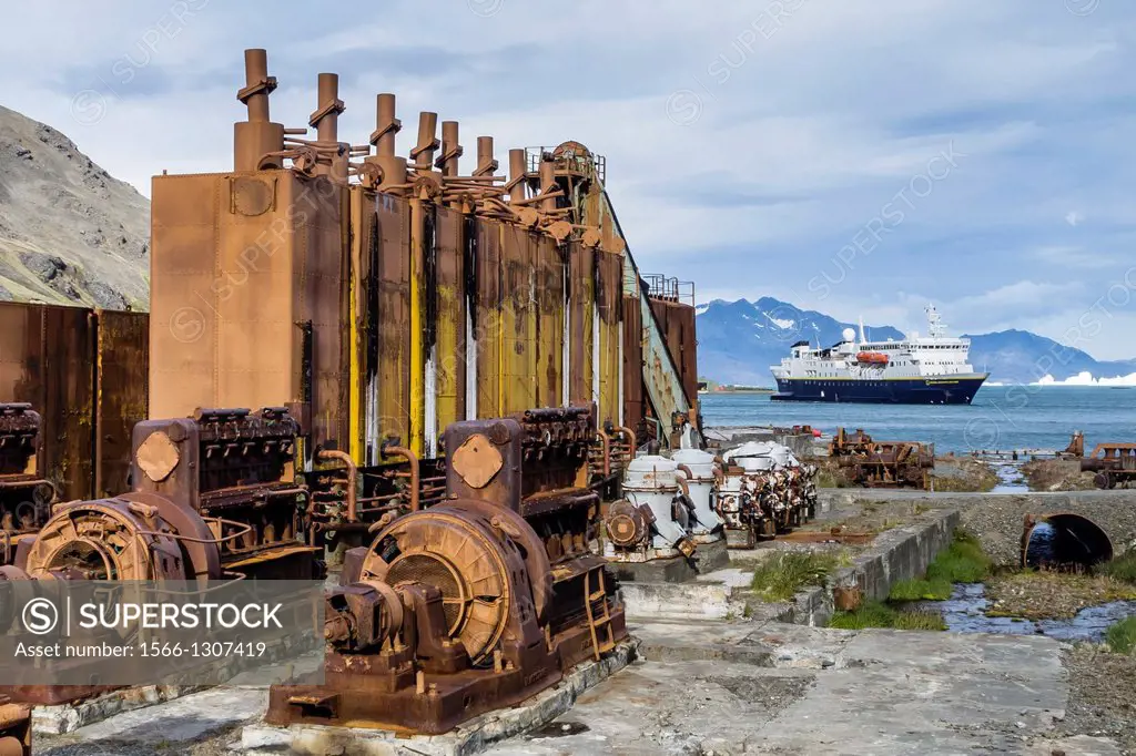 The National Geographic Explorer at the abandoned whaling station at Grytviken (Pot Cove), South Georgia, Southern Ocean.
