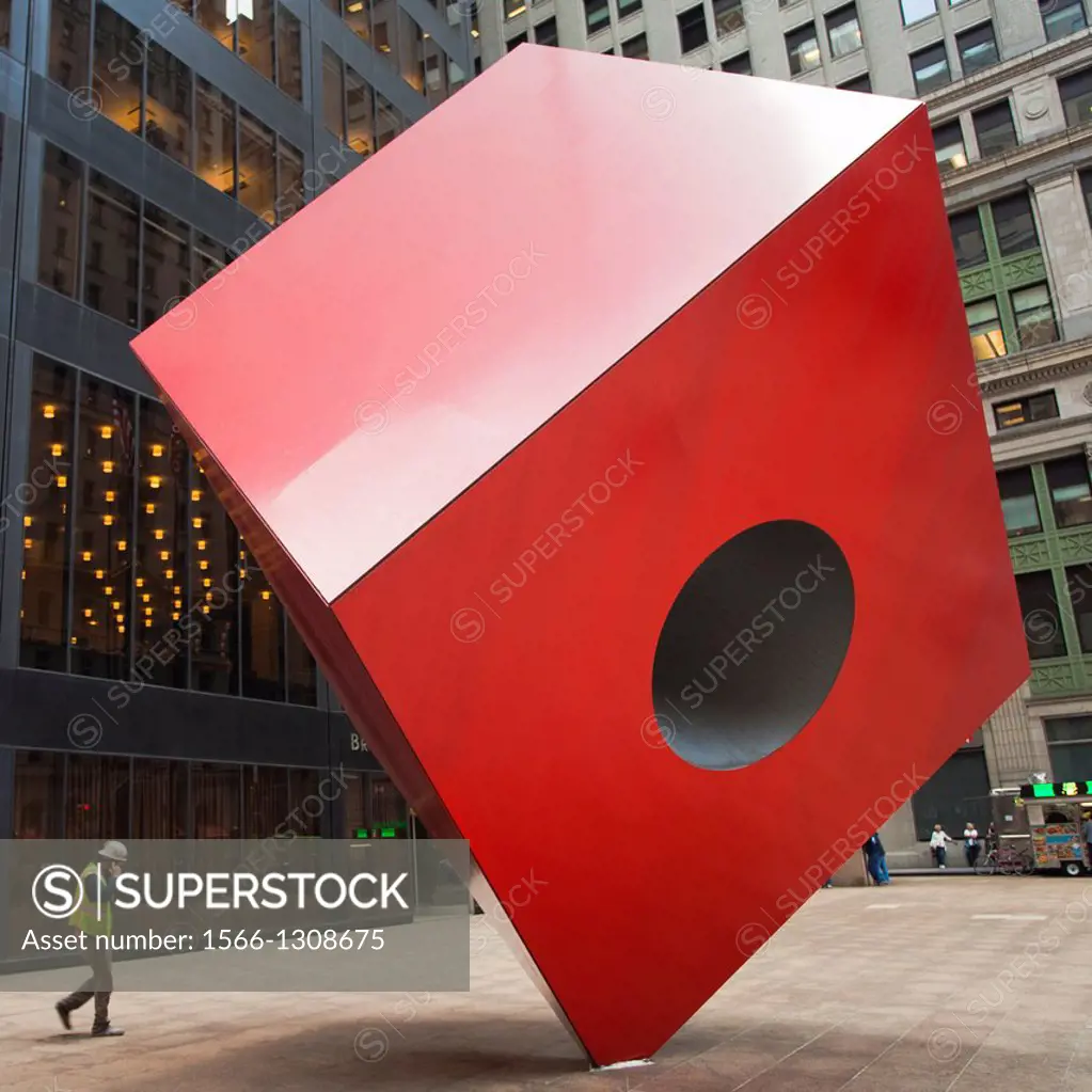 Red Cube, sculpture by Isama Noguchi in front of the Brown Brothers Harriman & Co bank, Financial District, Lower Manhattan, New York City, USA.