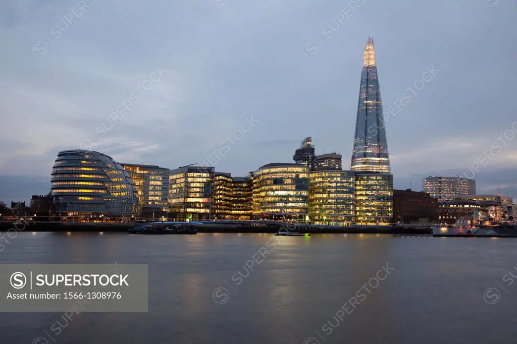 London cityscape-the Shard,Saint Thomas hospital and London Town Hall on the South Bank at night,England.